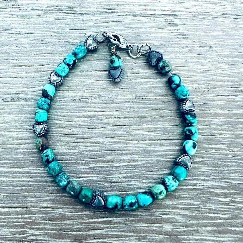 Rustic Turquoise Stone Silver Heart Beaded Bracelet